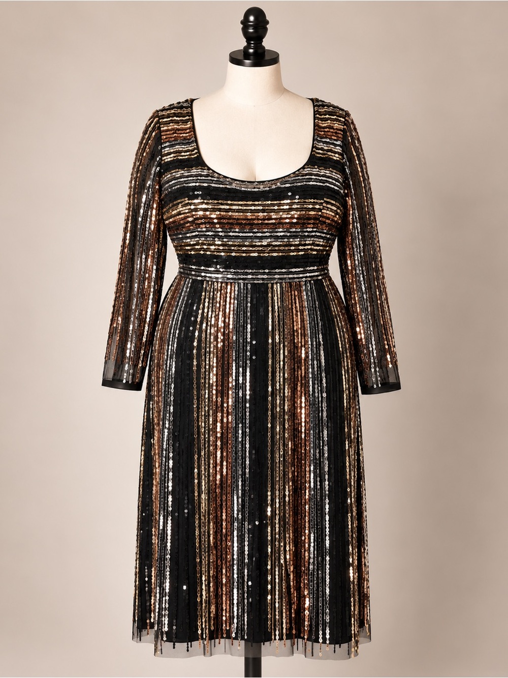 Adrianna Papell 18W Sequin Cocktail Dress Black Gold Long Sleeve